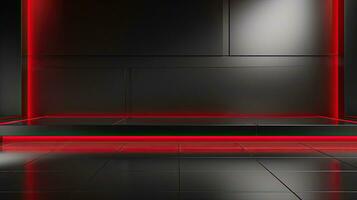 abstrakt mörk tömma rum med lysande röd neon lampor. falsk upp, 3d tolkning. generativ ai foto