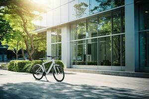 modern elektrisk vit cykel i främre av de modern kontor glas byggnad på solig höst dag. generativ ai foto