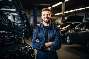 professionell mekaniker arbetssätt i bil reparera affär. bil service och underhåll koncept. generativ ai foto