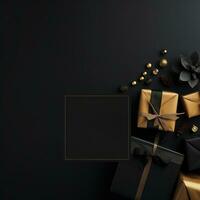 svart fredag super försäljning baner med realistisk svart gåvor lådor och guld pilbågar. mörk bakgrund gyllene med kopia Plats. generativ ai foto