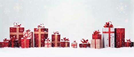 jul närvarande förpackning med festlig gåvor och verktyg gräns på vit bakgrund. ny år dekor, kopia Plats. generativ ai foto
