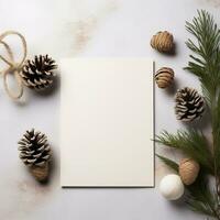 jul kort attrapp med gåva låda, gran grenar, och mysigt bakgrund. minimalistisk stil i vit och beige. generativ ai foto