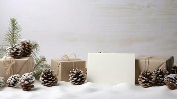 jul kort attrapp med gåva låda, gran grenar, och mysigt bakgrund. minimalistisk stil i vit och beige. generativ ai foto