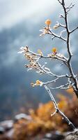 mild berg skog bris, snöig himmel bakgrund, svängande vinter- växter, och lugn grenar i en lugn naturlig scen. generativ ai foto