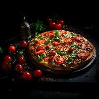 vegetabiliska pizza med ost och tomater. hög upplösning. ai generativ foto