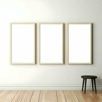 tre Foto tom bild ramar på parkett golv vit vägg. minimalism. hög upplösning. ai generativ