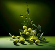 oliver och oliv olja flytande på en grön bakgrund. hög kvalitet ai generativ foto