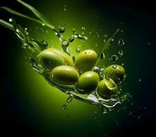 oliver och oliv olja flytande på en grön bakgrund. hög quality.ai generativ foto