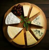 annorlunda typer av ost skära in i skivor lagd ut på trä- styrelse. hög upplösning. ai generativ foto