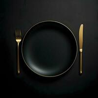 minimalistisk svart keramisk tallrik med metalic gaffel och kniv. hög upplösning. ai generativ foto