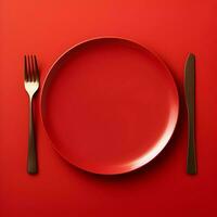 minimalistisk röd keramisk tallrik med metall gaffel och kniv. hög upplösning. ai generativ foto