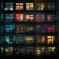 ljus färger lägenhet fönster lampor på natt. hög upplösning. ai generativ foto