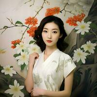 porträtt av en skön japansk kvinna bär en vit klänning på en blomma bakgrund. hög kvalitet. ai generativ foto
