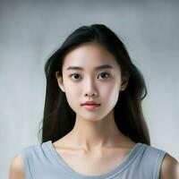 skön ung asiatisk kvinna modell med perfekt rena på grå bakgrund. hög kvalitet. ai generativ foto