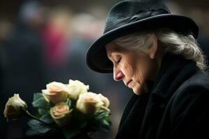porträtt av en ledsen kvinna med en begravning bukett av flowersai genererad foto