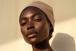 porträtt av en skön afrikansk amerikan kvinna med mörk hud och naturlig smink ai genererad foto