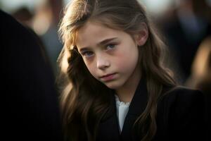porträtt av en ledsen liten flicka på de bakgrund av de folkmassa.begravning begrepp ai genererad foto