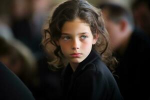 porträtt av en ledsen liten flicka på de bakgrund av de folkmassa.begravning begrepp ai genererad foto