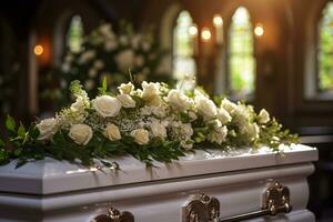 närbild skott av en färgrik skrin i en likvagn eller kapell innan begravning eller begravning på kyrkogård ai genererad foto