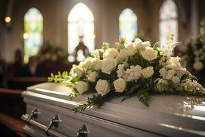 närbild skott av en färgrik skrin i en likvagn eller kapell innan begravning eller begravning på kyrkogård ai genererad foto