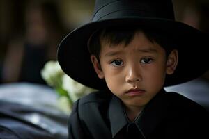 porträtt av liten asiatisk pojke med ledsen uttryck.begravning begrepp ai genererad foto
