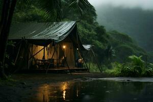mild regn på de skog tält, tropisk lugn, fredlig meditation ai genererad foto