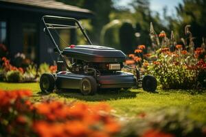 expert- trädgårdsmästare användningar en topp hack gräsklippare till manikyr de trädgård ai genererad foto