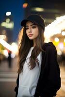 skön asiatisk flicka bär över storlek luvtröja i tillfällig stil ai generativ foto