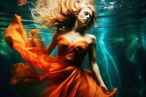 under vattnet skott av en kvinna med ett elegant dress.ai generativ foto