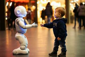en barn och en ai robot spelar på en lekplats.ai generativ foto