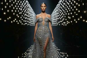 en modell på en bana bär ett elegant klänning tillverkad av diamanter.ai generativ foto