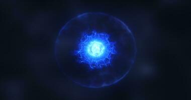 abstrakt blå sfär atom med elektroner flygande lysande ljus partiklar och energi magi fält, vetenskap trogen hi-tech bakgrund foto