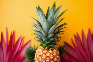 somrar charm ananas, tropisk löv på levande pastell bakgrund ai genererad foto
