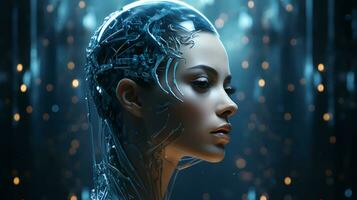 skön ansikte av en trogen hi-tech cyborg robot kvinna. ansluter man och dator med artificiell intelligens i de framtida av mänskligheten foto