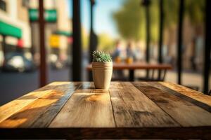 tömma trä- tabell på kaffe bar. ai genererad foto