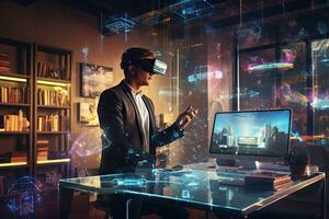 affärsman bär virtuell verklighet glasögon i kontor med stad hologram. blandad media, affärsman använder sig av virtuell verklighet headsetet i modern kontor på natt. blandad media, ai genererad foto