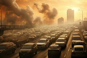 luft förorening i de stad. förorening av de miljö begrepp. bil trafik i de stad luft förorening, ai genererad foto