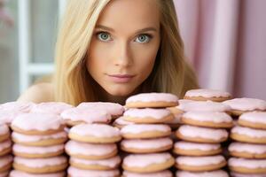 blond flicka smygande blick på stack av rosa matt socker småkakor foto