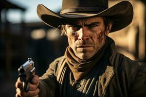 främre vänd cowboy pistol dragen förbereder för vild väst stad duell foto