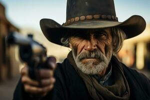 främre vänd cowboy pistol dragen förbereder för vild väst stad duell foto