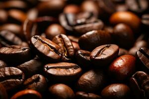 närbild av brun rostad kaffe bönor på en mörk bakgrund foto