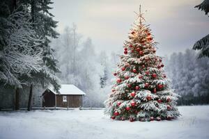 en snö täckt jul träd med röd och vit dekorationer foto