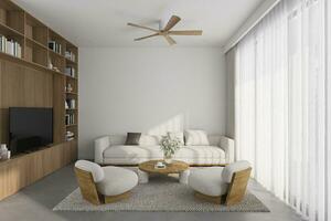 vit och trä- interiör för smart levande rum, trä- soffa, trä- TV monterad. Hem dekor 3d tolkning foto