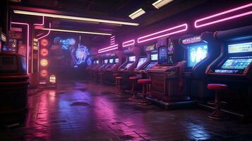 generativ ai, cyberpunk stil spel bar eller Kafé. natt scen av stor stad, trogen nostalgisk 80-tal, 90-tal. neon lampor vibrerande färger, fotorealistisk horisontell foto