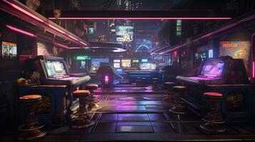 generativ ai, cyberpunk stil spel bar eller Kafé. natt scen av stor stad, trogen nostalgisk 80-tal, 90-tal. neon lampor vibrerande färger, fotorealistisk horisontell foto