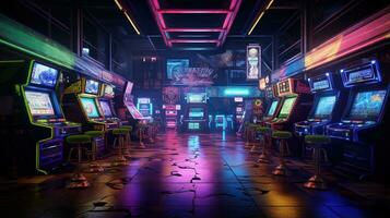 generativ ai, cyberpunk stil spel bar eller Kafé. natt scen av stor stad, trogen nostalgisk 80-tal, 90-tal. neon lampor vibrerande färger, fotorealistisk horisontell foto