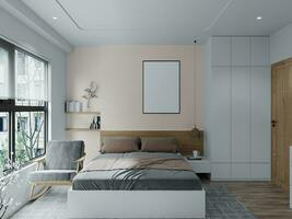 mysigt glädjer värma sovrum interiör design idéer längs med elegant säng, vägg måla 3d tolkning foto