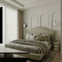 lyxig sovrum interiör design, vägg dekoration, tabell, säng och vit tema studio lägenhet 3d tolkning foto
