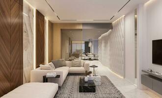 design en lyxig levande rum den där känner tycka om en 5-stjärnig hotell 3d tolkning foto
