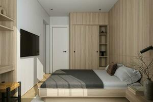 enkel stil trä- säng låda med kuddar, sänggavel, trä- stil vägg, och hylla, tv, 3d tolkning foto